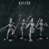 Four unpainted grey resin Amazon warrior miniatures by Galaad Miniatures on round black bases — from left: a warrior with coiled rope and hatchet, a spear-bearer with quiver mid-stride, a sword-and-shield fighter stepping forward, and a dual-blade runner in motion. All wear feathered headwear and tribal wrappings. 32mm scale.