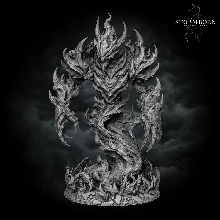 Fire Elemental miniature by Stormborn Collectibles, body hunched forward in aggressive stance, clawed arms extended downward, jagged flame-shard shoulders prominent, spiral bark torso visible.