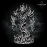 Fire Elemental miniature by Stormborn Collectibles, body hunched forward in aggressive stance, clawed arms extended downward, jagged flame-shard shoulders prominent, spiral bark torso visible.