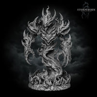Fire Elemental miniature by Stormborn Collectibles, body hunched forward in aggressive stance, clawed arms extended downward, jagged flame-shard shoulders prominent, spiral bark torso visible.