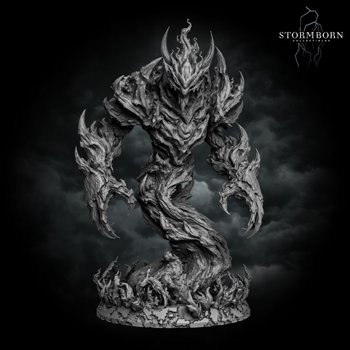 Fire Elemental miniature by Stormborn Collectibles, arms raised wide, twisted bark-and-flame torso rising from a scenic base of roots and ground-level flames, horned crown of fire.
