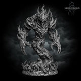 Fire Elemental miniature by Stormborn Collectibles, arms raised wide, twisted bark-and-flame torso rising from a scenic base of roots and ground-level flames, horned crown of fire.