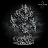 Fire Elemental miniature by Stormborn Collectibles, arms raised wide, twisted bark-and-flame torso rising from a scenic base of roots and ground-level flames, horned crown of fire.