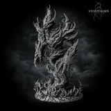 Fire Elemental miniature by Stormborn Collectibles viewed from the side, elongated twisting trunk body of layered bark visible, large swept claw raised, horned flame crown silhouetted above scenic root base.