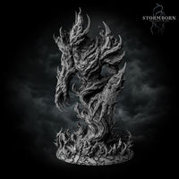Fire Elemental miniature by Stormborn Collectibles viewed from the side, elongated twisting trunk body of layered bark visible, large swept claw raised, horned flame crown silhouetted above scenic root base.