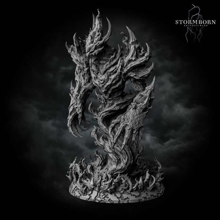 Fire Elemental miniature by Stormborn Collectibles viewed from the side, elongated twisting trunk body of layered bark visible, large swept claw raised, horned flame crown silhouetted above scenic root base.