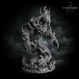 Fire Elemental miniature by Stormborn Collectibles viewed from the side, elongated twisting trunk body of layered bark visible, large swept claw raised, horned flame crown silhouetted above scenic root base.
