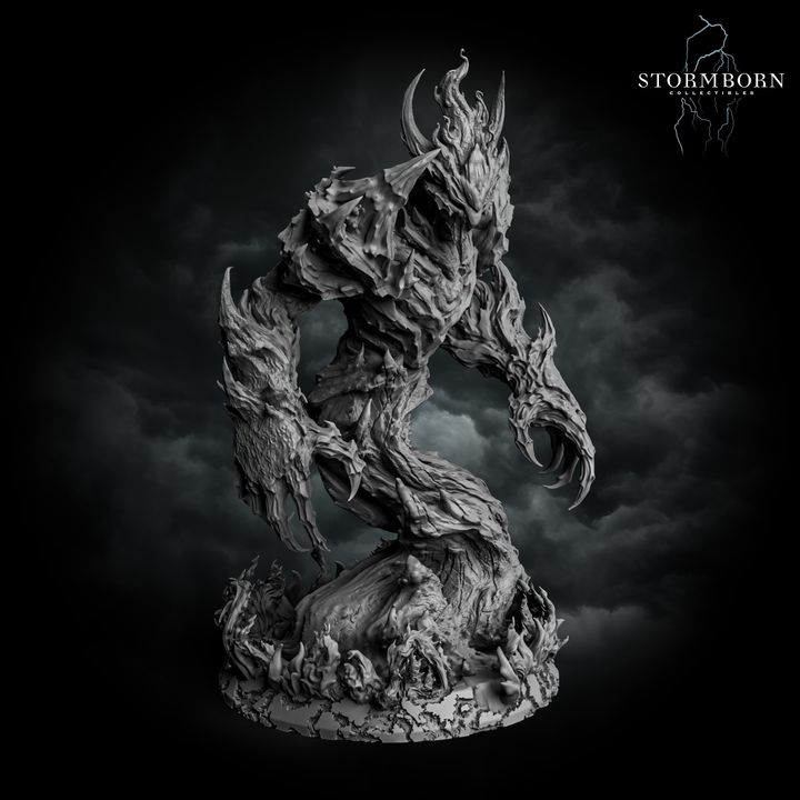 Fire Elemental miniature by Stormborn Collectibles viewed from the side, elongated twisting trunk body of layered bark visible, large swept claw raised, horned flame crown silhouetted above scenic root base.