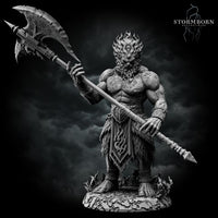 Heavily muscled Fire Giant holding a large poleaxe horizontally, bark-textured skin across chest, wild flame-like hair, fur kilt with flame motifs, standing on a rocky sculpted base. Sculpt by Stormborn Collectibles.
