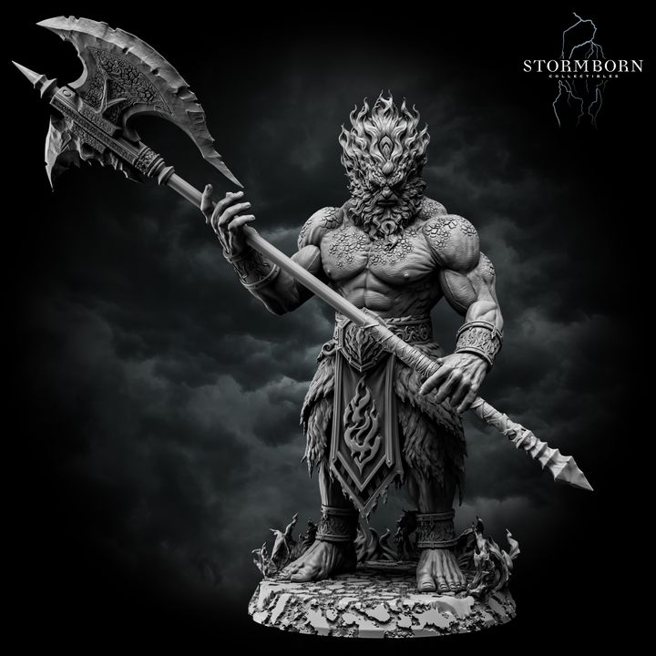 Heavily muscled Fire Giant holding a large poleaxe horizontally, bark-textured skin across chest, wild flame-like hair, fur kilt with flame motifs, standing on a rocky sculpted base. Sculpt by Stormborn Collectibles.