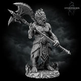 Fire Giant gripping an ornate poleaxe raised over one shoulder, cracked stone-like skin with detailed chest texture, heavy beard, fur-wrapped lower legs, rocky base with scattered debris. Sculpt by Stormborn Collectibles.