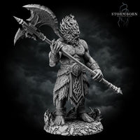 Fire Giant gripping an ornate poleaxe raised over one shoulder, cracked stone-like skin with detailed chest texture, heavy beard, fur-wrapped lower legs, rocky base with scattered debris. Sculpt by Stormborn Collectibles.
