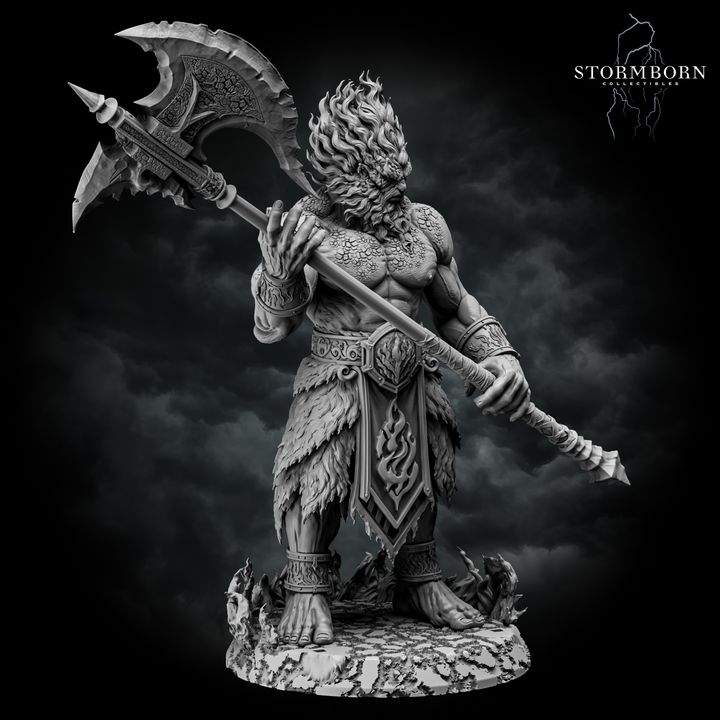 Fire Giant gripping an ornate poleaxe raised over one shoulder, cracked stone-like skin with detailed chest texture, heavy beard, fur-wrapped lower legs, rocky base with scattered debris. Sculpt by Stormborn Collectibles.