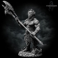 Fire Giant standing with poleaxe lowered at his side, broad torso with cracked bark-like skin, wild mane of hair, flame-engraved belt and kilt, one hand trailing near the ground, textured scenic base. Sculpt by Stormborn Collectibles.
