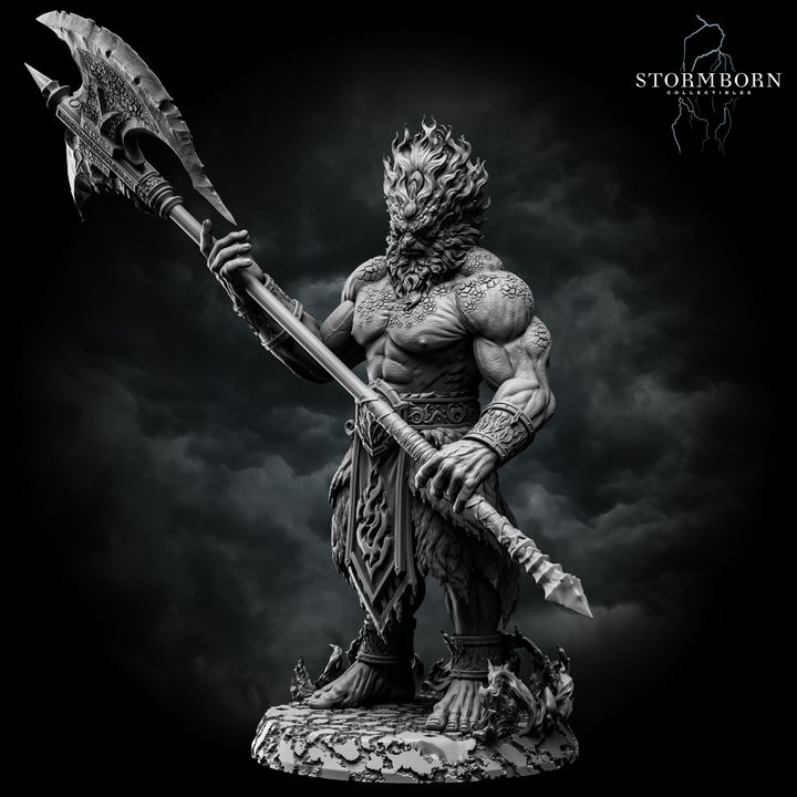 Fire Giant standing with poleaxe lowered at his side, broad torso with cracked bark-like skin, wild mane of hair, flame-engraved belt and kilt, one hand trailing near the ground, textured scenic base. Sculpt by Stormborn Collectibles.
