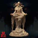 Front view of an unpainted resin Githzerai Zerth miniature by Monster Atlas — a gaunt, bald, long-eared humanoid levitating cross-legged in meditation, wearing flowing robes with frayed hems, prayer beads at the waist, tentacle-like hair drifting behind the head, hands in open gesture, mounted on a rocky scenic base