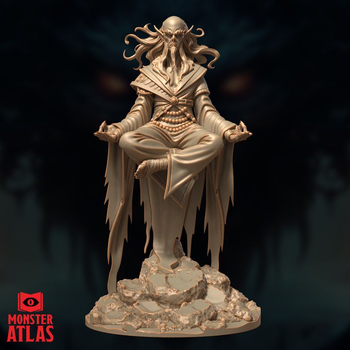 Front view of an unpainted resin Githzerai Zerth miniature by Monster Atlas — a gaunt, bald, long-eared humanoid levitating cross-legged in meditation, wearing flowing robes with frayed hems, prayer beads at the waist, tentacle-like hair drifting behind the head, hands in open gesture, mounted on a rocky scenic base