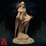 Side and three-quarter rear view of the Githzerai Zerth miniature by Monster Atlas — highlighting the flowing robes, drifting hair tendrils, pointed ears, and the sculpted rock base from a sweeping angle that shows the full silhouette of the levitating figure