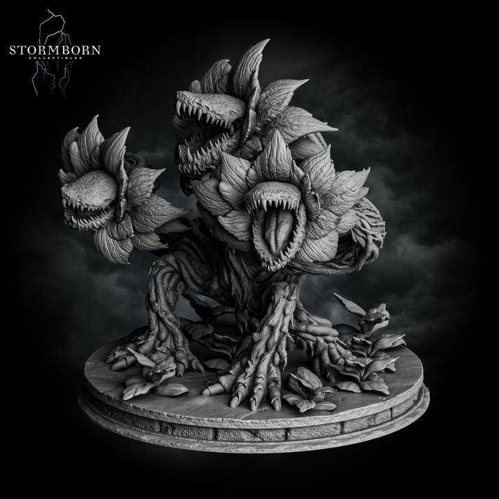 Side-angle digital render of the Hydra Bloom miniature — upright lunging pose with one raised toothed flower-head reaching forward and a second open maw visible at centre, root and vine body texture clearly detailed, unpainted grey resin