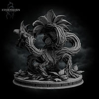 Three-quarter rear digital render of the Hydra Bloom miniature in a dynamic twisting variant — vines coiling tightly around the body with a single large lily-like bloom crowning the top, scattered leaf litter on the round scenic base, unpainted grey resin