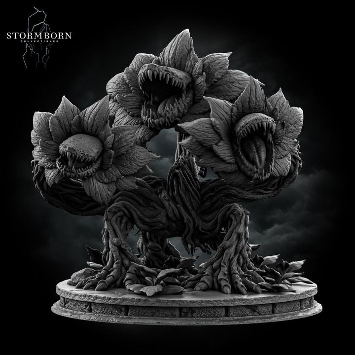 Front-facing digital render of the Hydra Bloom miniature by Stormborn Collectibles — a broad, root-legged plant creature with three large toothed flower-maws open wide, displayed against a dark stormy background, unpainted grey resin