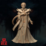32mm unpainted resin miniature of a noble female figure with a crown braid and long plait over one shoulder, wearing layered robes with structured pauldrons and arcane trim — Variation 01 by Monster Atlas