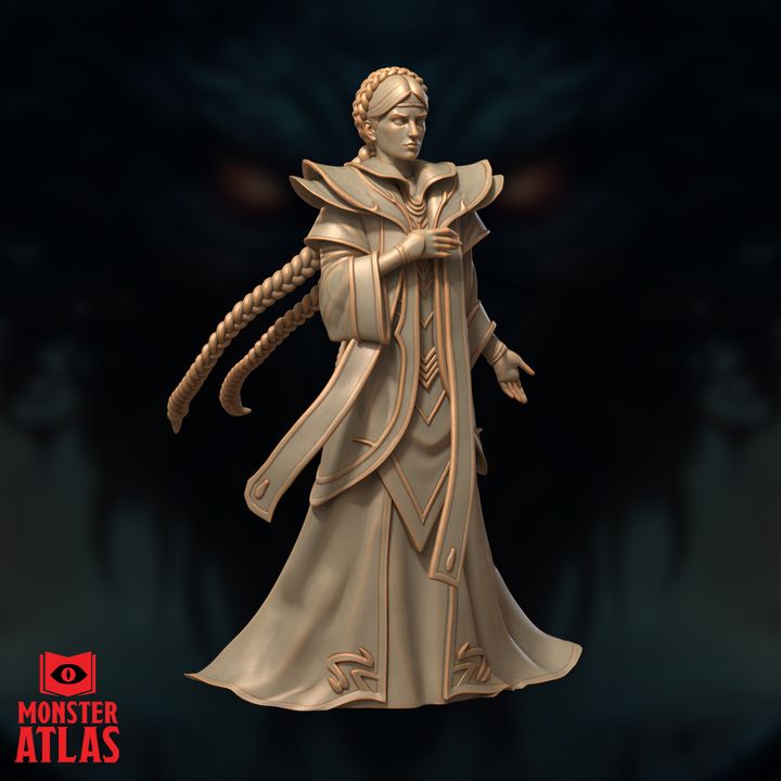32mm unpainted resin miniature of a noble female figure with a long braid trailing behind her in a forward-stepping pose, wearing ceremonial robes with angular detailing and broad pauldrons — Variation 02 by Monster Atlas