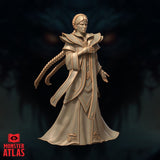 32mm unpainted resin miniature of a noble female figure with a long braid trailing behind her in a forward-stepping pose, wearing ceremonial robes with angular detailing and broad pauldrons — Variation 02 by Monster Atlas