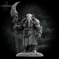 Front view of an unpainted grey resin loxodon miniature holding a large runic crescent scythe, wearing layered robes with an engraved belt medallion and ornate pauldron, standing on a rune-inscribed scenic base