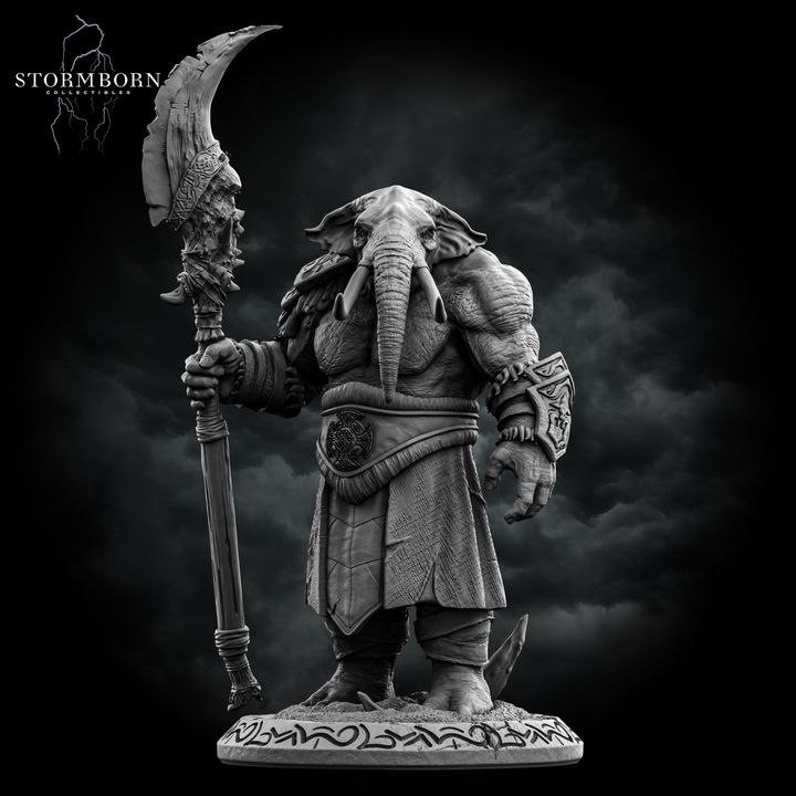 Front view of an unpainted grey resin loxodon miniature holding a large runic crescent scythe, wearing layered robes with an engraved belt medallion and ornate pauldron, standing on a rune-inscribed scenic base