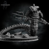 Digital render of an unpainted grey Naga miniature in a rearing pose, holding a long trident horizontally with both clawed hands. The creature has a scaled serpentine lower body coiling across a scenic base strewn with skulls and rocks. It wears an ornate crested helm and armoured shoulder plates with intricate scrollwork.