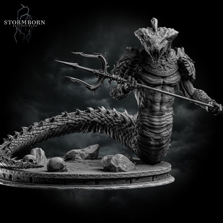 Digital render of an unpainted grey Naga miniature in a rearing pose, holding a long trident horizontally with both clawed hands. The creature has a scaled serpentine lower body coiling across a scenic base strewn with skulls and rocks. It wears an ornate crested helm and armoured shoulder plates with intricate scrollwork.