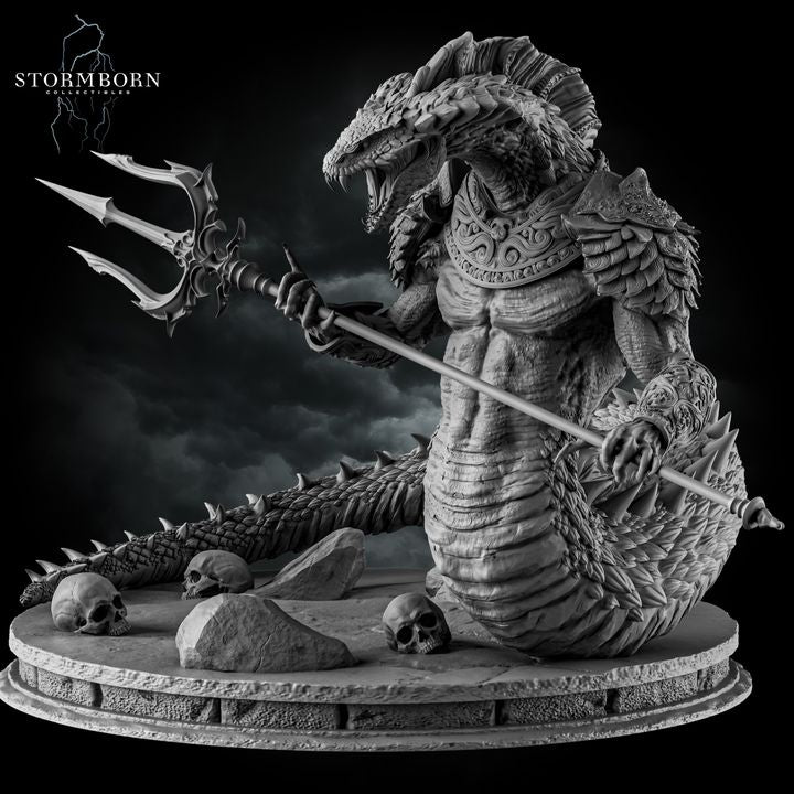 Digital render of an unpainted grey Naga miniature viewed from the front-left, lunging forward with a trident levelled. The creature's fanged mouth is open wide. Detailed scale texture covers the entire body, and the armoured breastplate and pauldrons show carved decorative patterns. Skulls and boulders litter the circular scenic base.