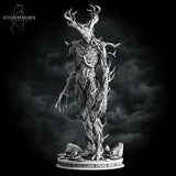 Digital render of an unpainted grey Treant miniature from Stormborn Collectibles — front view showing twisted bark body, hollow ribcage, branching antler crown, and a base scattered with fallen leaves and broken stone