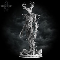 Digital render of an unpainted grey Treant miniature from Stormborn Collectibles — front view showing twisted bark body, hollow ribcage, branching antler crown, and a base scattered with fallen leaves and broken stone