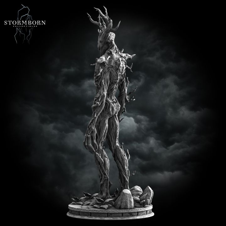 Digital render of an unpainted grey Treant miniature from Stormborn Collectibles — three-quarter rear view revealing bark-wrapped limbs, protruding branch spurs along the spine, and a rubble-strewn scenic base