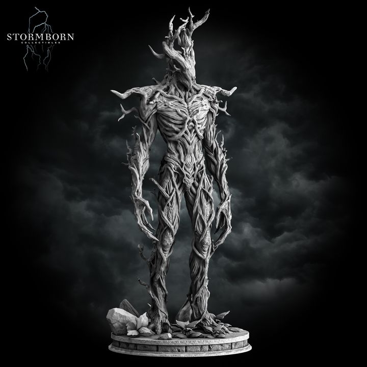 Digital render of an unpainted grey Treant miniature from Stormborn Collectibles — straight-on front view showing full skeletal bark torso, gnarled branch arms, and pointed antler head crown against a stormy background