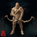 Half-Orc Hunter Ziraj 32mm miniature sculpt 01 — frontal standing pose, bow held low across the body with claw-tipped ends, layered shoulder armour, short blade on back, unpainted digital render by Monster Atlas