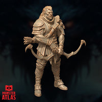 Half-Orc Hunter Ziraj 32mm miniature sculpt 02 — three-quarter view, relaxed stance with weight on one leg, hand reaching towards quiver of arrows, claw-tipped recurve bow at side, unpainted digital render by Monster Atlas