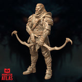 Half-Orc Hunter Ziraj 32mm miniature sculpt 03 — guarded leaning pose, dishevelled travelling coat, claw-tipped bow held loosely, harder expression, wrapped forearms and shins visible, unpainted digital render by Monster Atlas