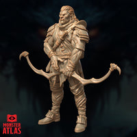 Half-Orc Hunter Ziraj 32mm miniature sculpt 03 — guarded leaning pose, dishevelled travelling coat, claw-tipped bow held loosely, harder expression, wrapped forearms and shins visible, unpainted digital render by Monster Atlas