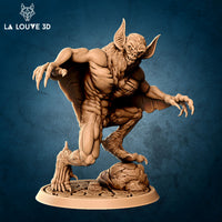Unpainted resin miniature of a feral vampire lord mid-pounce, both clawed hands outstretched, mouth open in a snarl, with pointed ears and patches of fur across muscular limbs, mounted on a rocky textured base — digital render by La Louve 3D