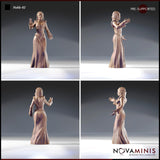 Four-angle photograph of Novaminis Noble 02 printed miniature — showing front, side, rear, and three-quarter views of the noblewoman in her detailed embroidered gown and chain belt, unpainted grey resin, pre-supported, 32mm scale