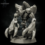 Digital render of the Earth Elemental of Dusk miniature by Stormborn Collectibles — side-angled view showing the elemental striding forward on massive boulder limbs, horned stone face facing the viewer, with flowing ribbon-like elemental energy streamers trailing from its arms and torso
