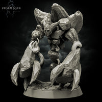 Digital render of the Earth Elemental of Dusk miniature by Stormborn Collectibles — side-angled view showing the elemental striding forward on massive boulder limbs, horned stone face facing the viewer, with flowing ribbon-like elemental energy streamers trailing from its arms and torso