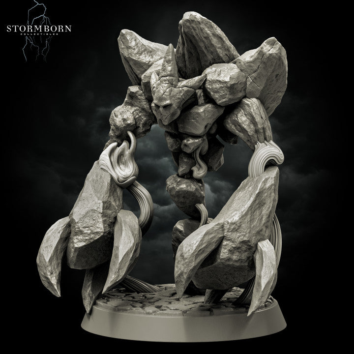 Digital render of the Earth Elemental of Dusk miniature by Stormborn Collectibles — side-angled view showing the elemental striding forward on massive boulder limbs, horned stone face facing the viewer, with flowing ribbon-like elemental energy streamers trailing from its arms and torso