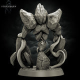 Digital render of the Earth Elemental of Dusk miniature by Stormborn Collectibles — symmetrical gateway pose with arched rocky limbs forming an archway shape, a swirling vortex of arcane energy at the centre, viewed from the front on a cobbled rubble base