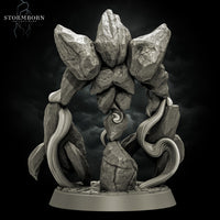 Digital render of the Earth Elemental of Dusk miniature by Stormborn Collectibles — symmetrical gateway pose with arched rocky limbs forming an archway shape, a swirling vortex of arcane energy at the centre, viewed from the front on a cobbled rubble base