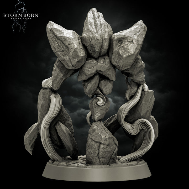 Digital render of the Earth Elemental of Dusk miniature by Stormborn Collectibles — symmetrical gateway pose with arched rocky limbs forming an archway shape, a swirling vortex of arcane energy at the centre, viewed from the front on a cobbled rubble base