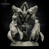 Digital render of the Earth Elemental of Dusk miniature by Stormborn Collectibles — overhead pose with a crown of jagged rock plates, arms raised wide, and swirling arcane energy tendrils cascading from its stone body, viewed from the front against a stormy dark background